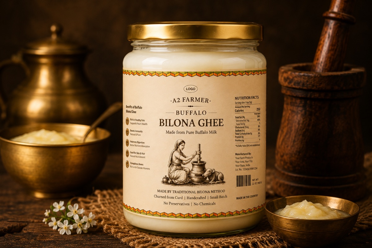 A2 Farmer pure A2 buffalo bilona ghee in a glass jar