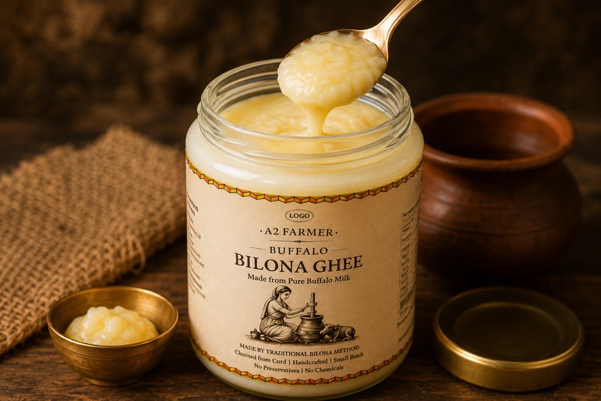 Open jar with a spoon of golden grainy ghee