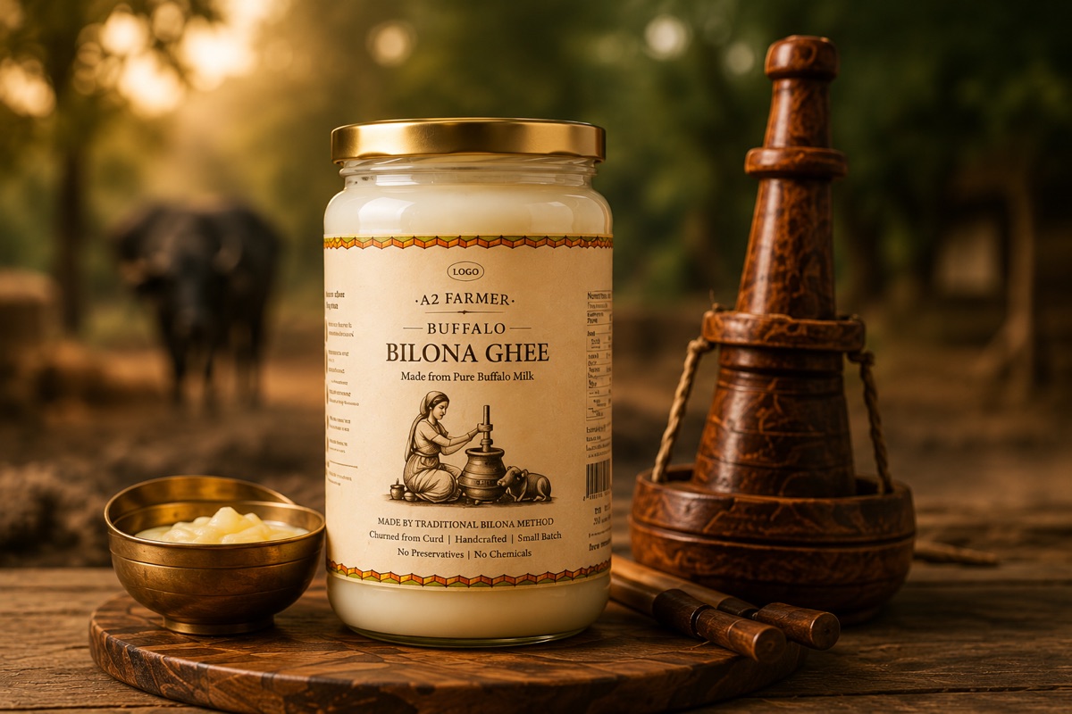 Ghee jar with Murrah buffalo and bilona churn behind